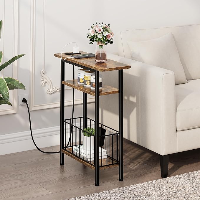 Vagusicc Narrow Side Table with Charging Station, 3-Tier Skinny Side End Table for Couch Sofa, Small End Side Tables for Small Spaces, 25.2" Tall Slim Nightstand for Living Room, Bedroom, Rustic Brown