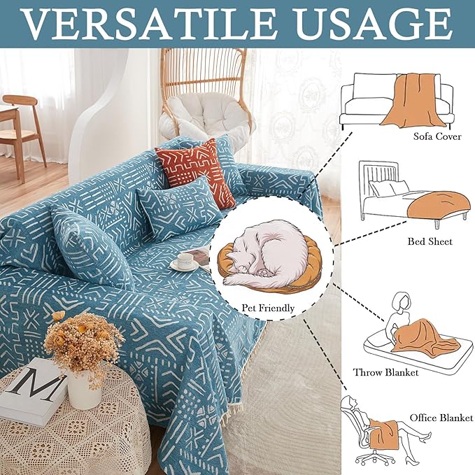 HANDONTIME Turquoise Couch Protector for Dogs Boho Tassel Blue Couch Cover Farmhouse Sofa Covers Aztec Tribal Couch Covers for 3 Cushion Couch Sofa Universal Sofa Slipcover for Home décor, 71" X134"