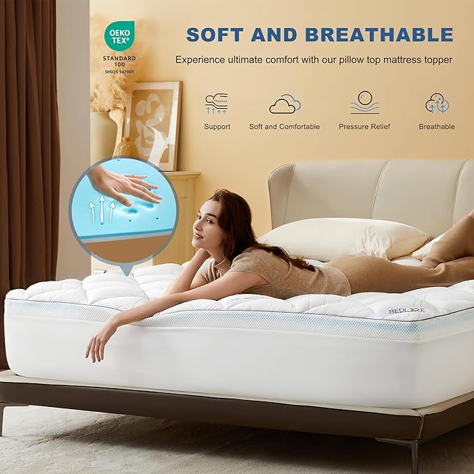 Bedlore 4-Inch Full Mattress Topper for Back Pain - Dual Layer Medium Support (2" Gel Memory Foam + 2" Cooling Fluffy Pillow Top Pad), Breathable & Pressure Relief (White)