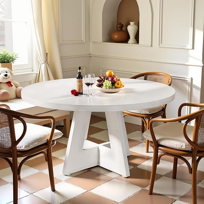 Round Dining Table for 4, 47 Inch Dinner Table Farmhouse Wooden Circle Kitchen Tables with Cross Base for Dining Room, Kitchen, Living Room, White