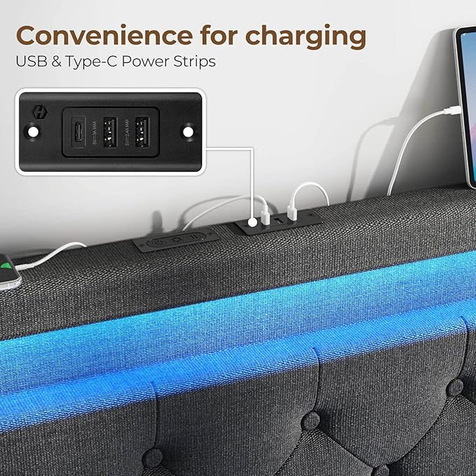 Rolanstar Twin Bed Frame with 4 Storage Drawers and Charging Station,Twin Bed with Led Lights, 2 USB & 1 Type C, Adjustable Headboard 38.9/40.8 Inches, No Box Spring Needed, Grey