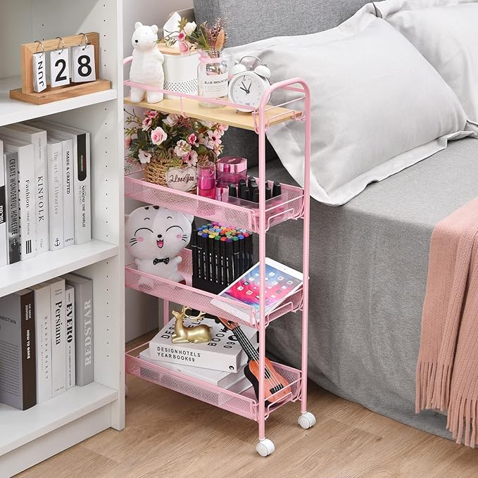 KINGRACK 4-Tier Slim Rolling Cart with Wooden Tabletop, Easy Assemble Metal Utility Cart, Slide Out Narrow Storage Cart for Narrow Space on Bedroom Bathroom Laundry Room Apartments Dormitory, Pink