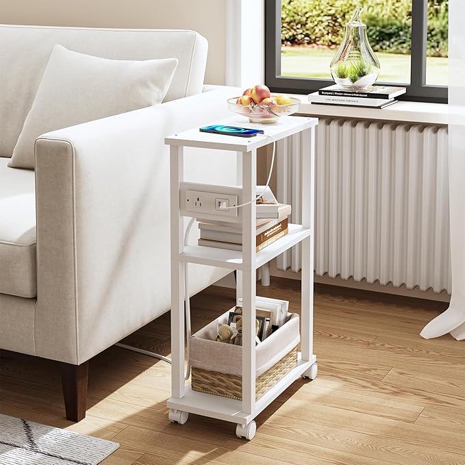 TUTOTAK Small Narrow Side Table with Charging Station, Set of 2 Skinny End Table for Small Spaces, Slim Nightstand with USB Ports and Outlet,Sofa Beside Table with Wheels, White TB01BW047