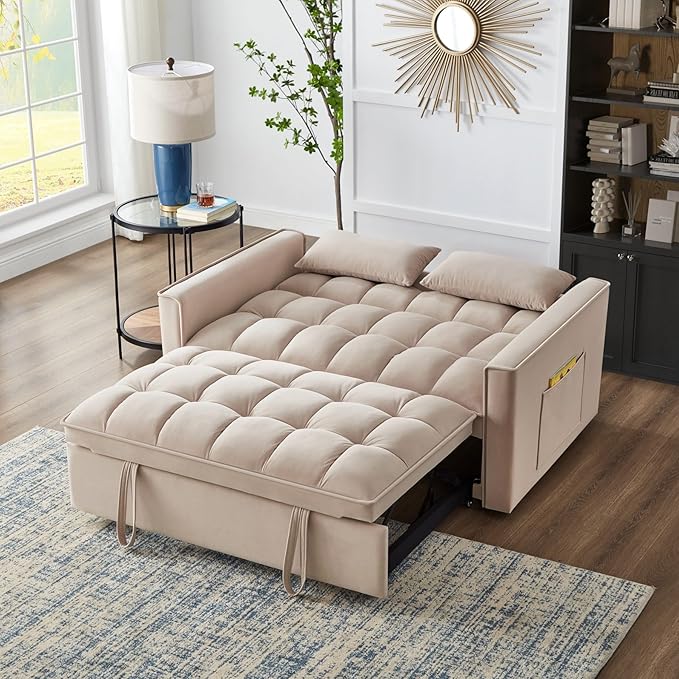 KEIKI Velvet Loveseat Convertible Sofa Bed Sleeper Chair with Adjustable Backrest, Pillows & Storage Pockets, 3 in 1 Pull-Out Couch Chaise Lounge Recliner for Living Room Balcony Bedroom, Taupe