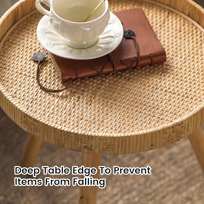 Round Rattan Side Table for Small Spaces, Boho Circle End Table Coffee Table with Solid Wood Leg for Living Room, Bedroom, Corners