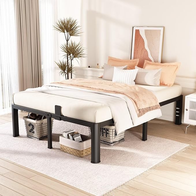 16 Inch California King Bed Frame with Rounded Corner and Headboard Hole Mattress Retainers 3500 LBS Metal Heavy Duty Steel Slats Support No Box Spring Needed Platform Noise Free Easy Assembly