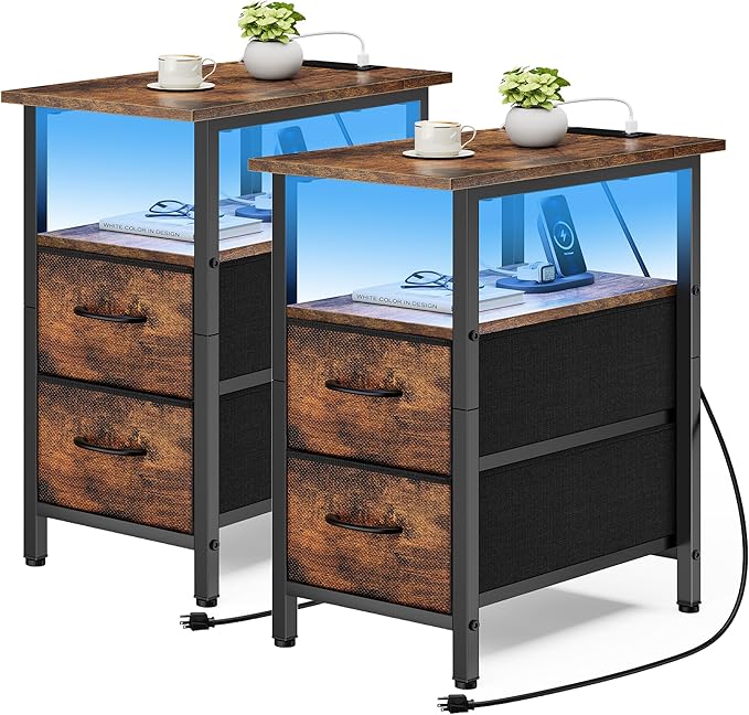 Vagusicc Set of 2 Nightstand with Charging Station and LED Lights, Narrow Side Table, LED Night Stand with 2 Fabric Drawers, Bedside Table Small End Table, Tall Nightstand for Bedroom, Rustic Brown