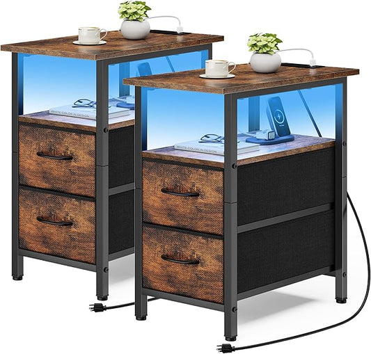 Vagusicc Set of 2 Nightstand with Charging Station and LED Lights, Narrow Side Table, LED Night Stand with 2 Fabric Drawers, Bedside Table Small End Table, Tall Nightstand for Bedroom, Rustic Brown