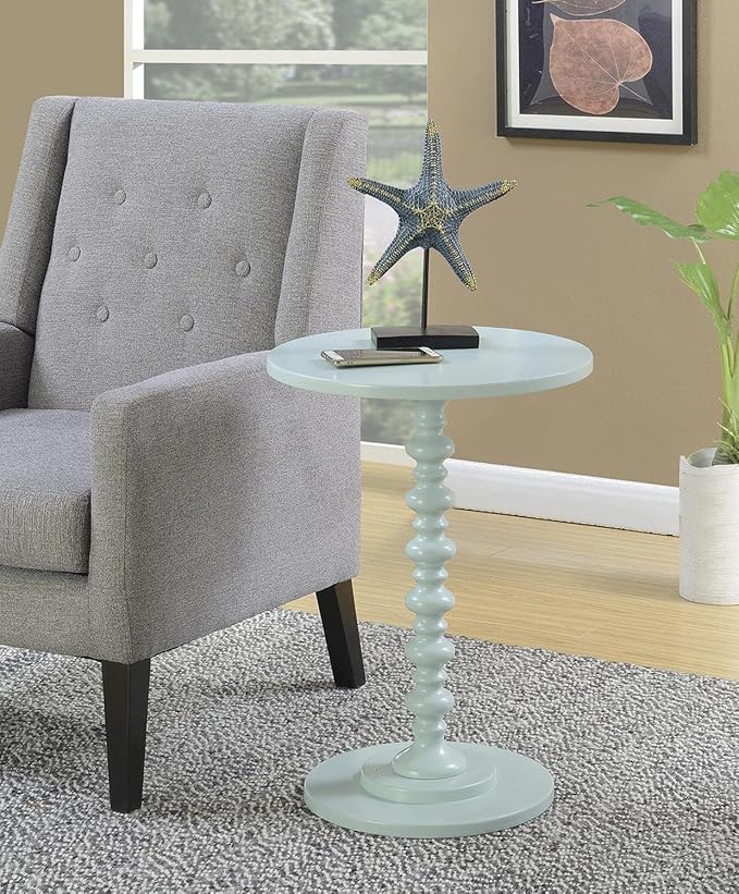 Convenience Concepts Palm Beach Spindle 17.75" Traditional Round End Living Room, Turned Solid Wood Side, Classic Display Pedestal Table, Sea Foam Blue