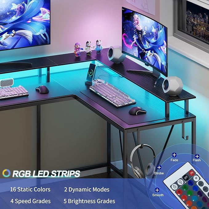 53inch L Shaped Desk,L Shaped Gaming Desk with Power Outlets & LED Lights, Computer Desk with Monitor Stand & Storage Bag, Home Office Desk Corner Desk with Hooks, Easy to Assemble, Black