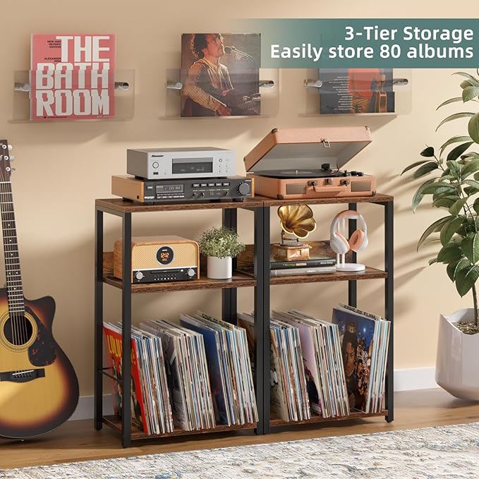 LELELINKY Record Player Stand, 3-Tier End Side Table with Vinyl Record Storage, Vinyl Record Holder Up to 120 Albums, Turntable Stand with Vinyls Storage for Music Living Room