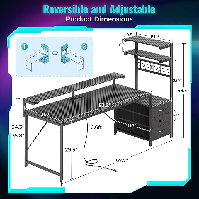 PRAISUN 68" Gaming Desk with LED Lights & Outlets, Computer Desk with 3 Fabric Drawers, PC Desk with PC Case Stand & Movable Storage Shelves, Monitor Stand, Reversible, Carbon Fiber Black