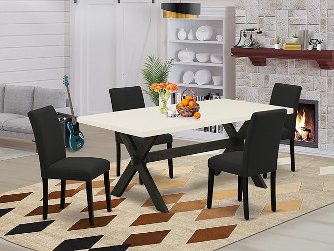 East West Furniture X627AB624-5 5 Piece Dining Room Furniture Set Includes a Rectangle Dining Table with X-Legs and 4 Black Color Linen Fabric Upholstered Chairs, 40x72 Inch, Multi-Color