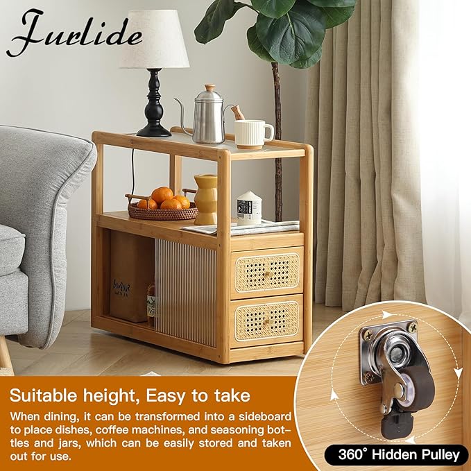 Rattan Nightstand Side Table with Storage, Bamboo Nightstand Bedside Table, Glass Mid Century Modern End Tables for Small Spaces, Living Room, Bedroom，Wood