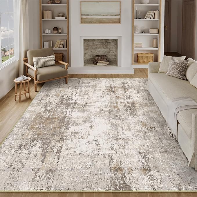 8x10 Washable Area Rug Brown Grey Neutral Abstract Living Room Bedroom Large Throw Rug Non Slip Soft Low Pile Indoor Floor Carpet for Dining Room Kitchen Office Entryway