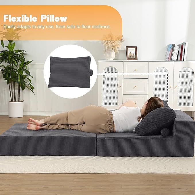 MeMoreCool Convertible Sofa Bed Foldable Boneless Couch, Folding Sleeper Chair Bed with L-Shaped Armrest, Comfy Floor Lounge Couch for Adults, Fold Out Single Sofa Chair Futon for Indoor Bedroom