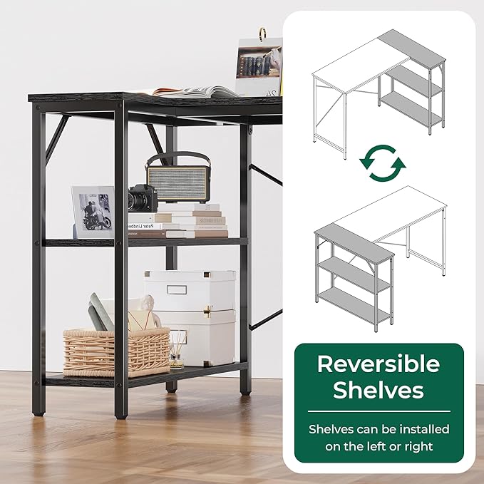 Huuger L Shaped Desk, 55 Inches Computer Desk with Reversible Storage Shelves, for Gaming Corner Home Office Writing Study, Metal Frame, Black