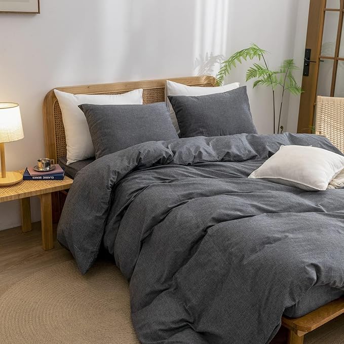 BESTOUCH Duvet Cover Set 100% Washed Cotton Linen Feel Super Soft Comfortable Chic Lightweight 3 PCs Home Bedding Set Solid Dark Black Oversized Full