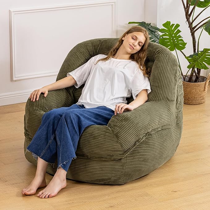 Giant Bean Bag Chair with Armrests - Oversized Cozy Seating for Adults, Corduroy Fabric & High - Density Foam Filling, Ideal Lounge for Living Room, Bedroom & Gaming Room (Olive Green)