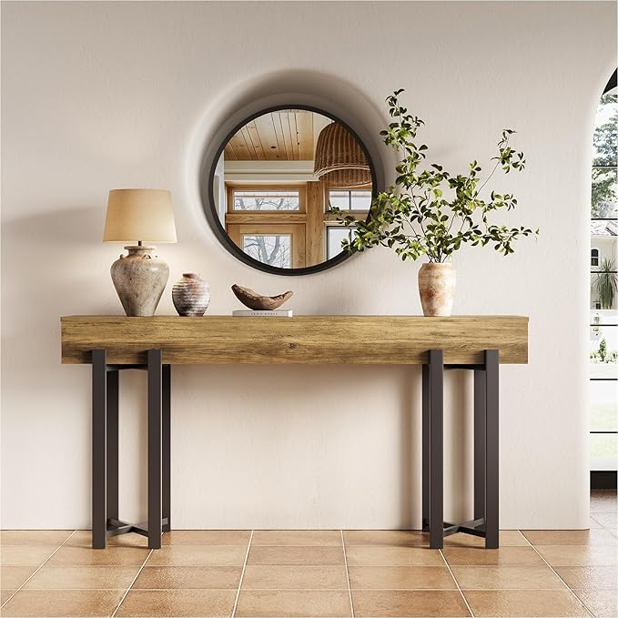 LITTLE TREE 63-Inch Console Table for Entryway, Industrial Behind Couch Table, Minimalist Sofa Table for Living Room, Rustic Brown Wooden Hallway Foyer Table with Black Metal Frame