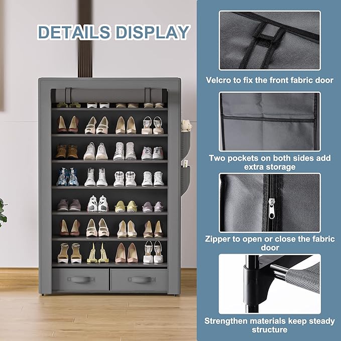 Shoe Rack Storage Cabinet 32 Pairs Organizer Shelf Tall for Shoes Large Free Standing Racks Vertical Shoe Holder Stand with Cover Two Boxes Closet