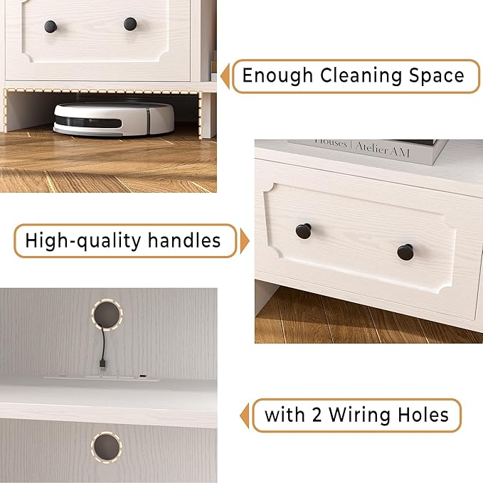 IRONCK TV Stand for 75 Inch TV, 71" LED Entertainment Center with Storage Cabinets, Power Outlets and Open Shelf, Media Console TV Cabinet with Drawers for Living Room, White