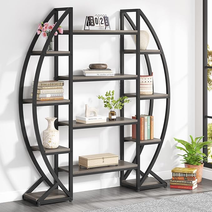 Tribesigns Oval Bookshelf, Triple Wide 5 Tier Etagere Bookcases, Industrial Display Shelves for Living Room (Gray, 55")
