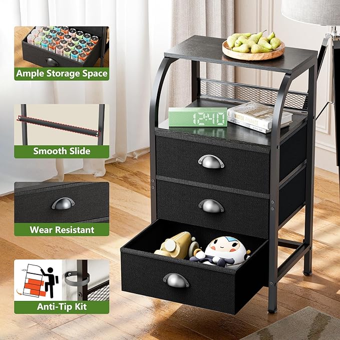 Night Stand Nightstand with Drawer Black Nightstands Storage Night Stands 3 Drawers Bedside Dressers Table Open Shelves Bed Side End Tables for Bedroom Living Room Furniture Small Table Fabric Cabinet