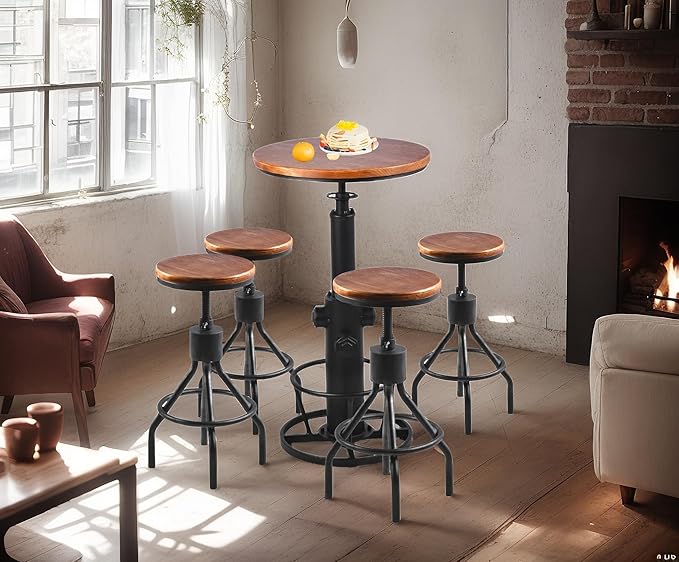 Diwhy Industrial Vintage Kitchen Counter Height Adjustable Bar Stool, Farmhouse French Stylish Kitchen Stool, Swivel Chair, Solid Wood Metal Chiar, Easy Installation, Fully Welded Set of 2 (Black)