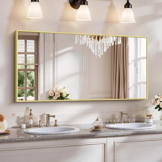 YIROMAN Bathroom Mirror 48"x24", Large Brushed Gold Bathroom Mirror for Over Sink with Aluminum Frame, Rectangular Vanity Mirror with Right Angle, Wall Mirror Hangs Horizontal or Vertical