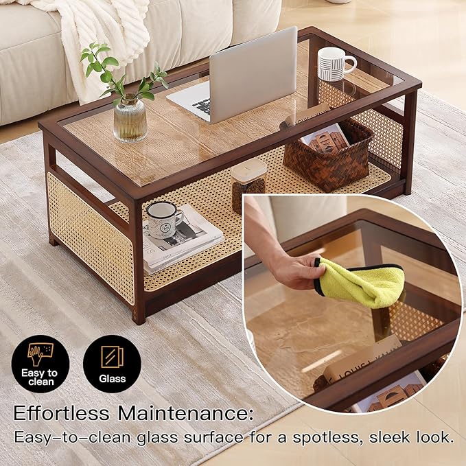 Welnow Rattan Coffee Table for Living Room, Modern 2-Tier Rectangle Center Table with Storage Shelf and Glass Top, Mid-Century Boho Furniture for Apartment, 47.5" Walnut