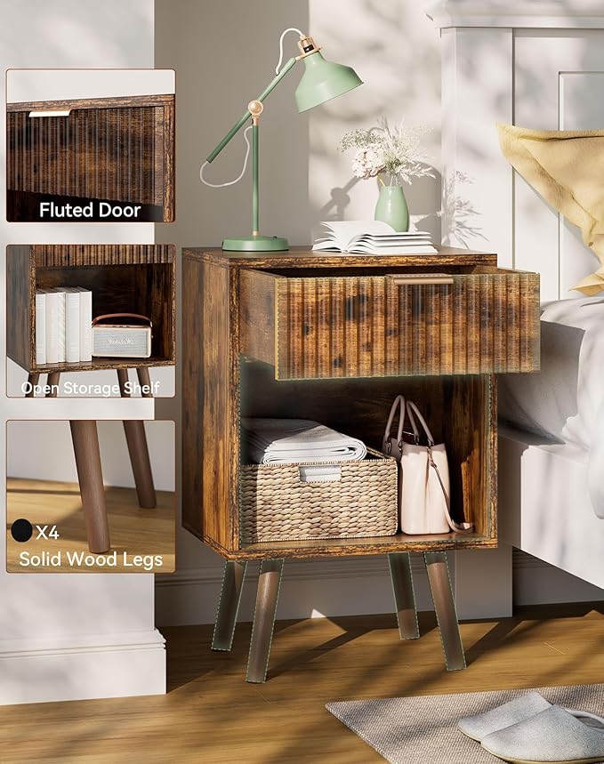 YMYNY Mid Century Modern Nightstand, Side Table, Fluted Night Stand with Drawer, Open Shelf Unit, Golden Handle, Solid Wood Legs, Bedside Table, for Bedroom, Rustic Brown UHST013H