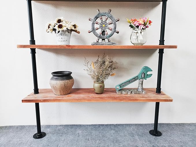5 Tier Industrial Ladder Shelf Bookcase, Wall Mounted Wood Metal Pipe Rustic Bookshelf for Living Room (Weathered Brown, 10" D x 36" W x 70" H)