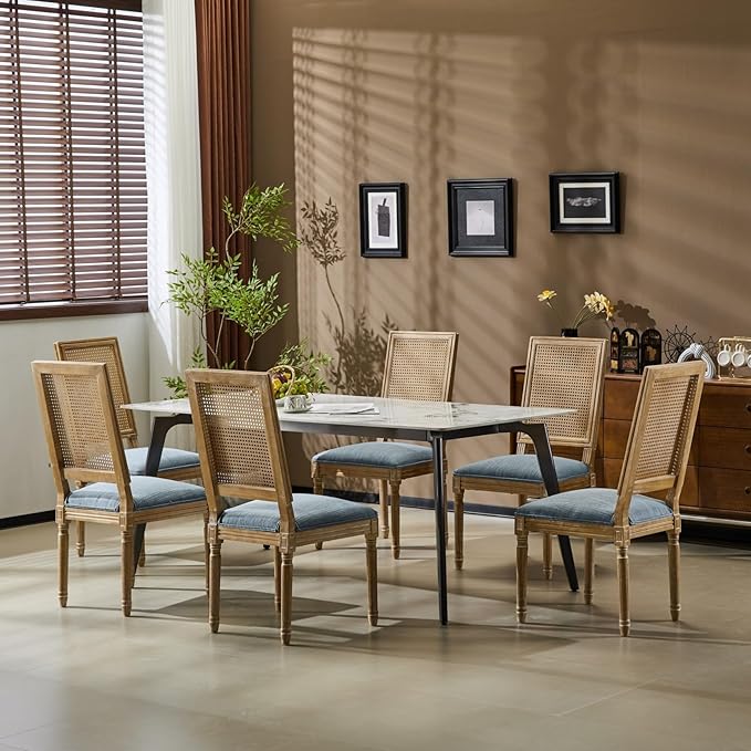 Merax Upholstered Solid Wood Dining Chairs Set of 6, French Country Style Accent Side Seating Furniture for Kitchen, Living Room, Wicker Back, Slate Blue
