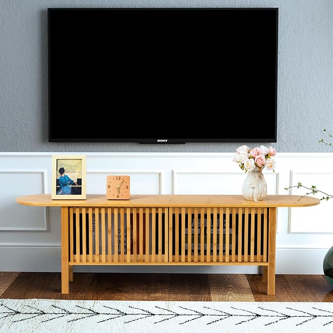 HollyHOME Bamboo TV Stand with Storage for TVs up to 65", Modern Entertainment Center with Fence Door, Accent TV Table with 2 Shelf, Media Console TV Stand for Living Room, Bedroom, Burlywood
