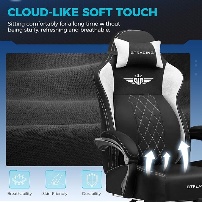 GTPLAYER Big and Tall Gaming Chair Breathable Fabric Computer Chair with Strong Lumbar Support, Comfortable Office Chairs with Pocket Spring Cushion, High Back Ergonomic Desk Chairs with Footrest