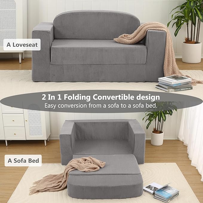 MeMoreCool Convertible Sofa Bed, Pull Out Loveseat Sleeper Sofa, Small Boneless Cloud Couch Bed for Adults, Fold Out Foam Love Seat Grey, Corduroy Folding Floor Couch for Bedroom