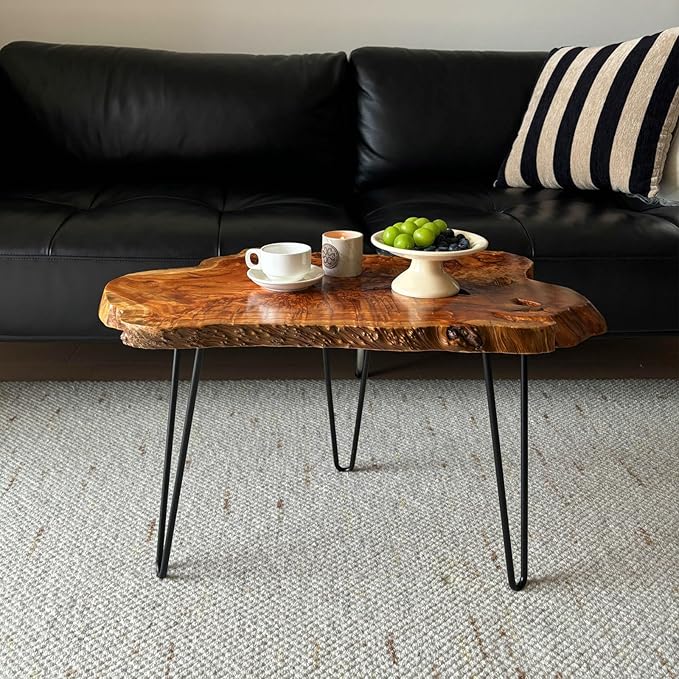 Live Edge Coffee Table, Natural Wood Coffee Table for Living Room, Natural Fir Unique Desktop with Metal Hairpin Legs (Large)