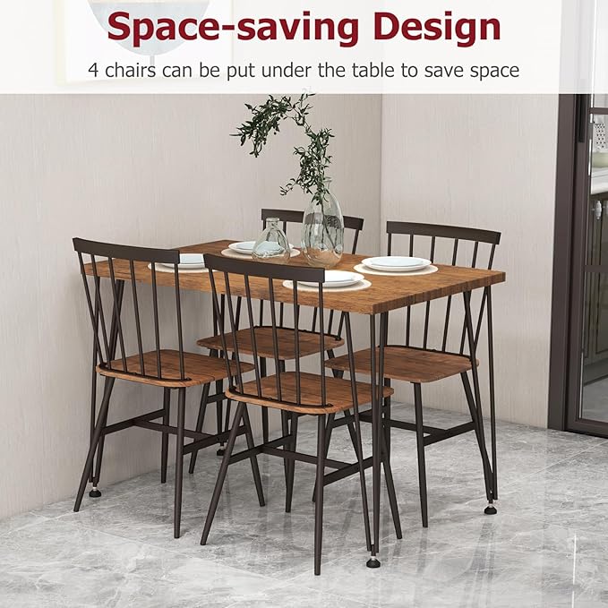 Tangkula Dining Table Set for 4, Kitchen Table and Chairs Set of 4 w/Metal Frame, 360° Swivel Feet, Space-Saving Dinette Table Set for Living Room, Restaurant, Breakfast Nook (Teak)