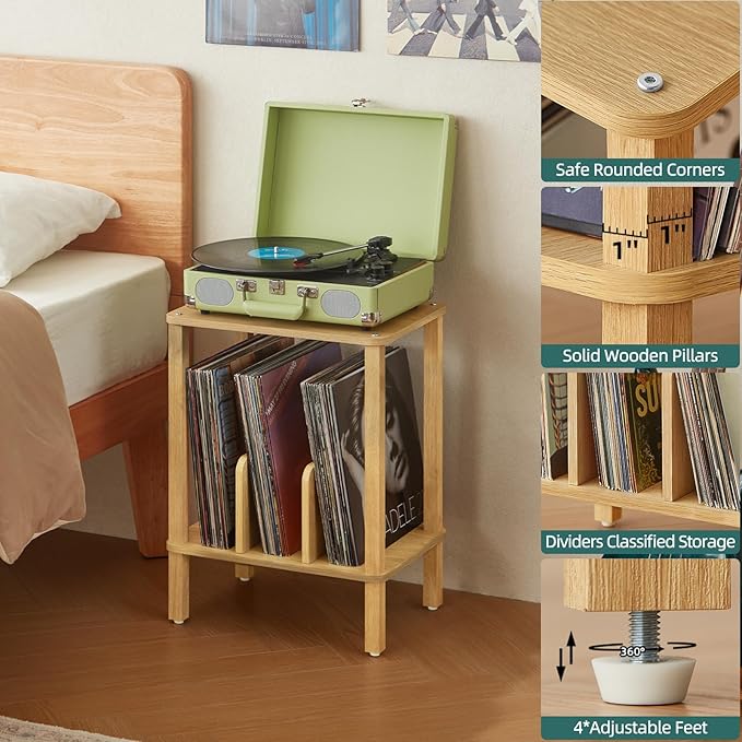 LELELINKY 2-Tier Bamboo Record Player Stand Set of 2 with Vinyl Record Storage up to 100 Albums, Boho Bedroom Record Holder and Multi-Functional End Table for Living Room, Natural