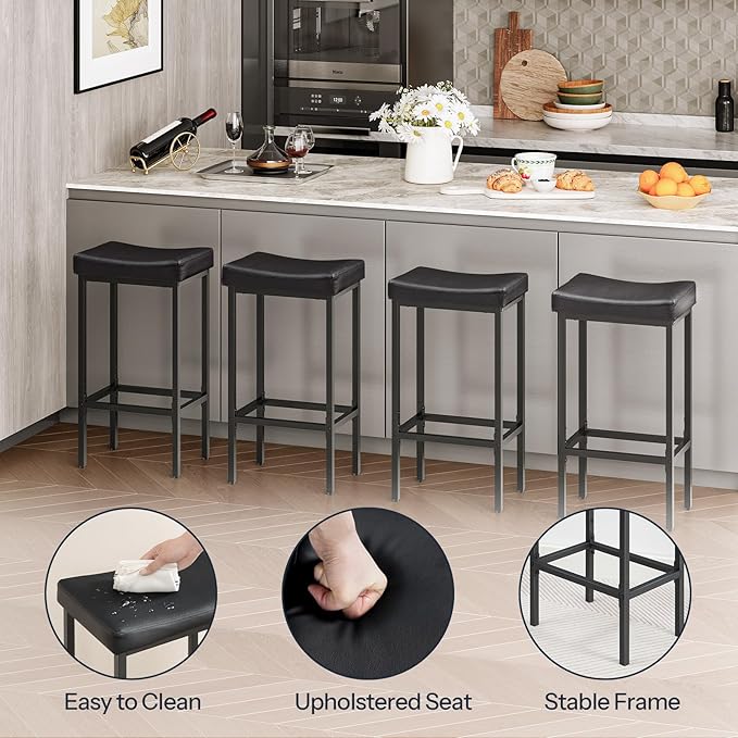 HOOBRO Bar Stools,Set of 4 Bar Chairs, Counter Height Stools, Saddle Barstools, Set of 4 Kitchen Stools, 24.8 Inches Barstools, 2.4" Thick Upholstery, for Kitchen, Dining Room, Black BB10BYP401