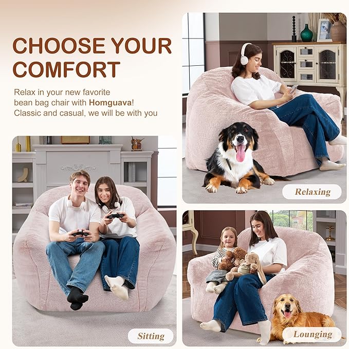Homguava Bean Bag Chair Bean Bag Chairs for Adults Comfy Beanbag Giant Bean Bag Chair with Spacious Design Bean Bag Couch with Armrest Large Bean Bag Chair with Filler for Living Room Bedroom (Pink)