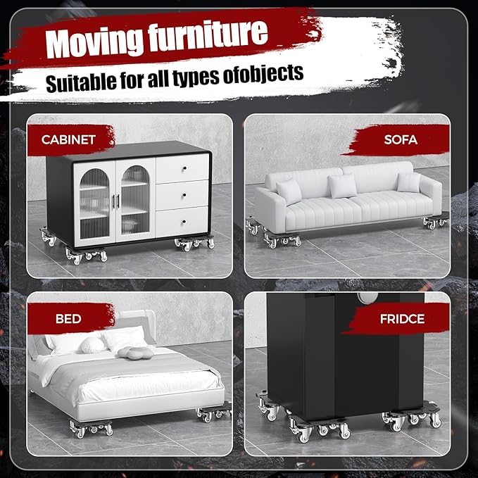 Furniture Dolly & Movers 4-Pack 3000lbs - Heavy Duty Interlocking Furniture Sliders with No Scratch Design, Safe for Hardwood Floors, for Sofa/Refrigerator/Piano Moving (Black, 7in)