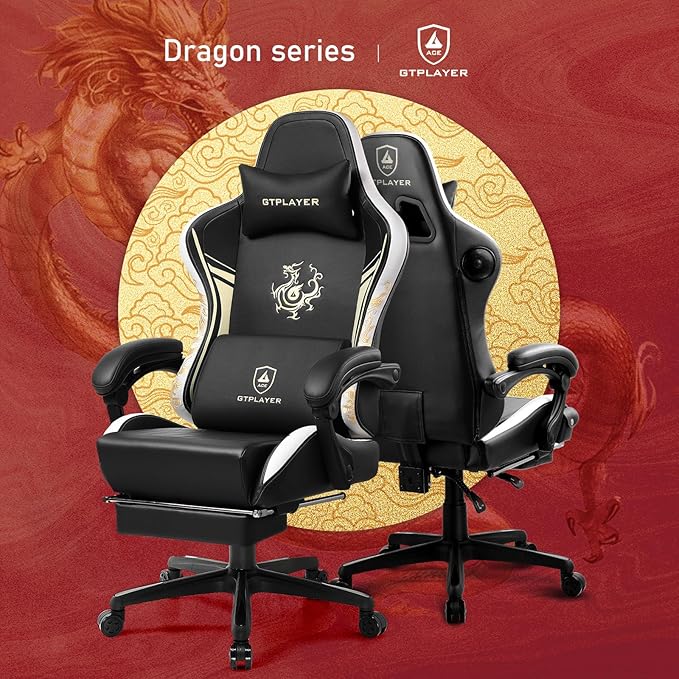 GTPLAYER Gaming Chair with Bluetooth Speakers and Footrest, Dragon Series Video Game Chair, Heavy Duty, Ergonomic, Esports Computer Office Chair, (Blackwhite)