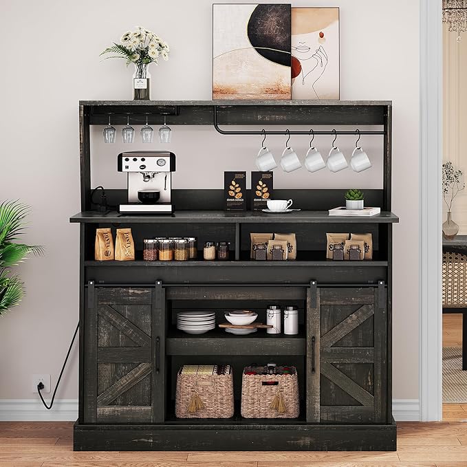 YITAHOME Buffet Cabinets with Upper Rack, Farmhouse Coffee Bar Cabinet with Power Outlet & Goblet Holder, 47 Inch Sideboard Cabinets with Sliding Barn Door for Kitchen, Living Room (Dark Rustic Oak)