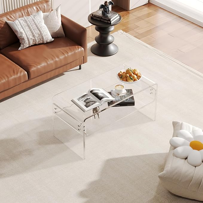 Acrylic Coffee Table, Clear Rectangle Side Table Furniture, Modern Tea Table With Open Storage, End Table for Living Room, Office Reception and Bedroom
