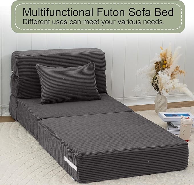 MeMoreCool Boneless Folding Sofa Bed Single, Corduroy Convertible Sleeper Chair, Foldable Foam Mattress Chair, Comfy Fold‑Out Futon Couch Bed, Small Floor Sofa Couch for Living‑Room Guest