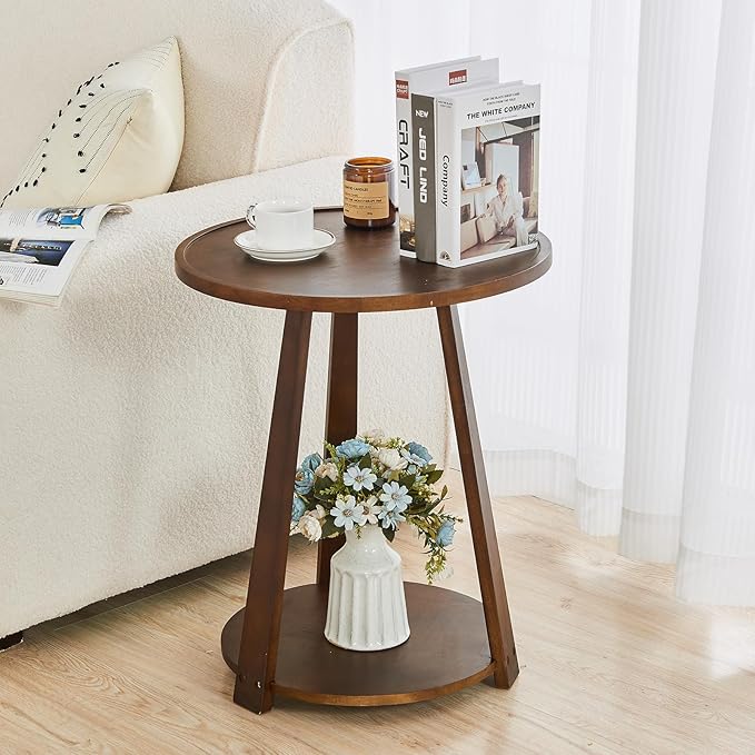 Uniclinens Round End Table, Solid Wood Round Side Coffee Table, Small Bedside Nightstand for Living Room Bedroom, Walnut
