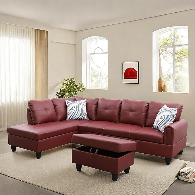 NAYSAYE Sectional Couch with Ottoman Storage, L Shaped Couch Sofa Furniture Sets, Modern Comfy Modular Comfy Sofa for Living Room Bedroom, Office and Apartment, Red