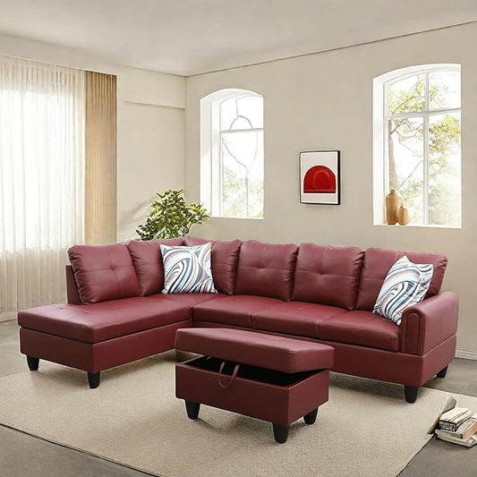 NAYSAYE Sectional Couch with Ottoman Storage, L Shaped Couch Sofa Furniture Sets, Modern Comfy Modular Comfy Sofa for Living Room Bedroom, Office and Apartment, Red